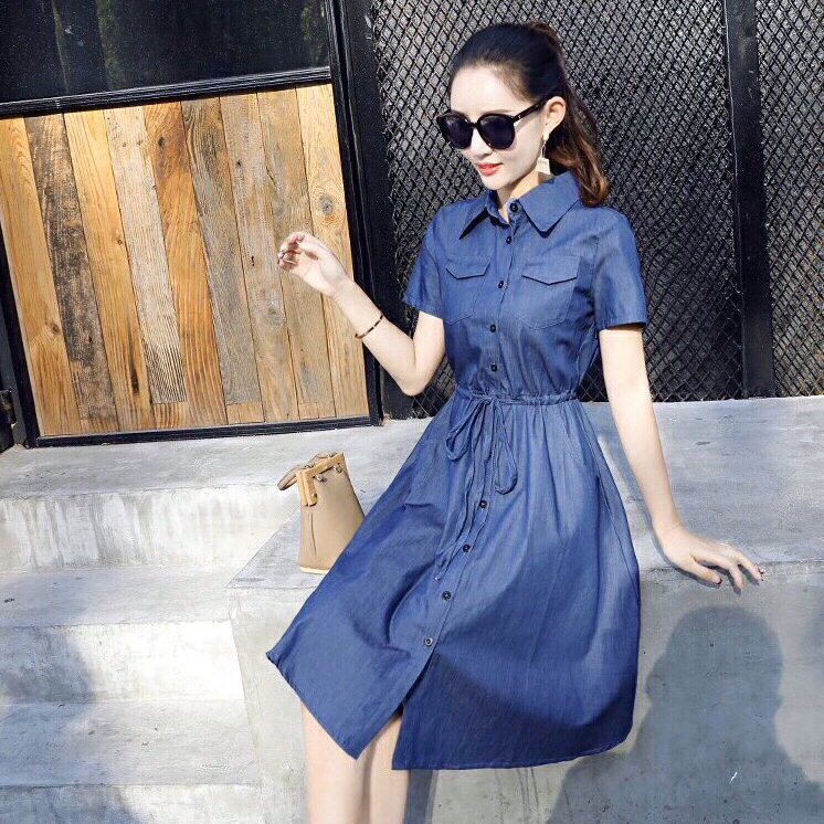 ĐẦM JEAN XOÈ CỔ SƠ MI EO RÚT DÂY - NJ2811